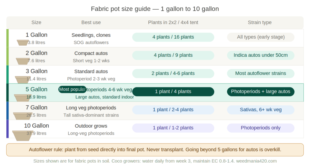 Cannabis fabric pot size guide — 1 gallon to 10 gallon for autoflowers and photoperiods