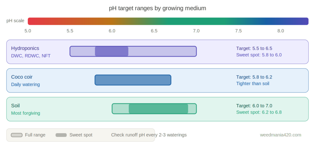 Cannabis pH target ranges by growing medium — soil, coco coir, and hydroponics